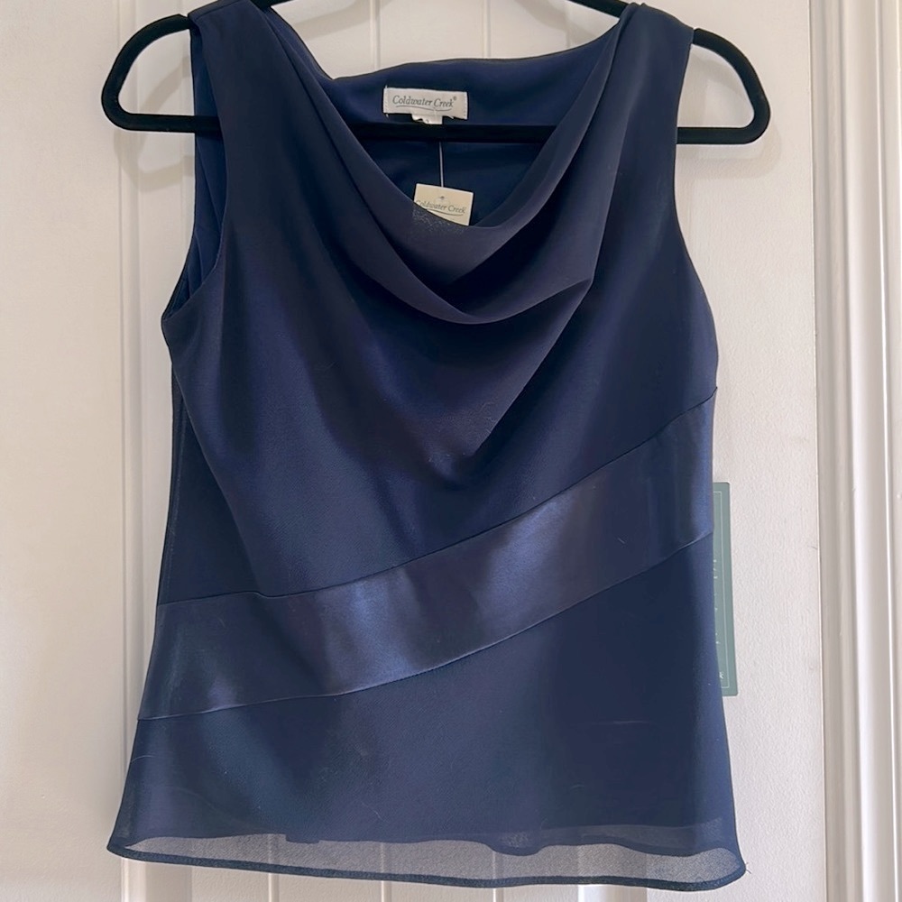 NWT Coldwater Creek Navy Blue sleeveless blouse with satin stripe on front.